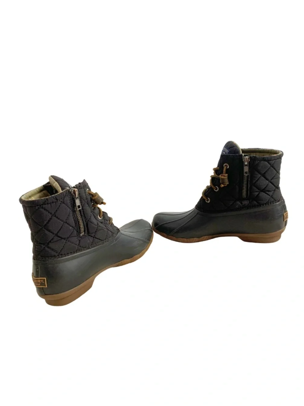 Sperry Black Quilted Rain Duck Boots Brown Sole and Tan Laces Womens 7.5 Outdoor